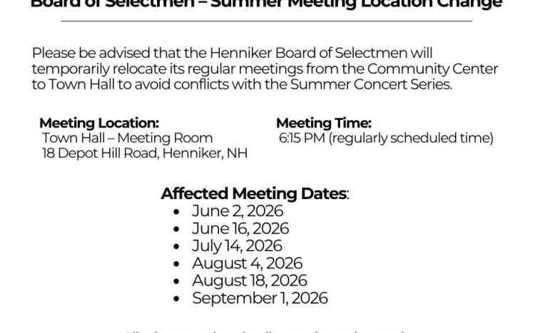Henniker BOS Meeting at Town Hall This Summer 2026